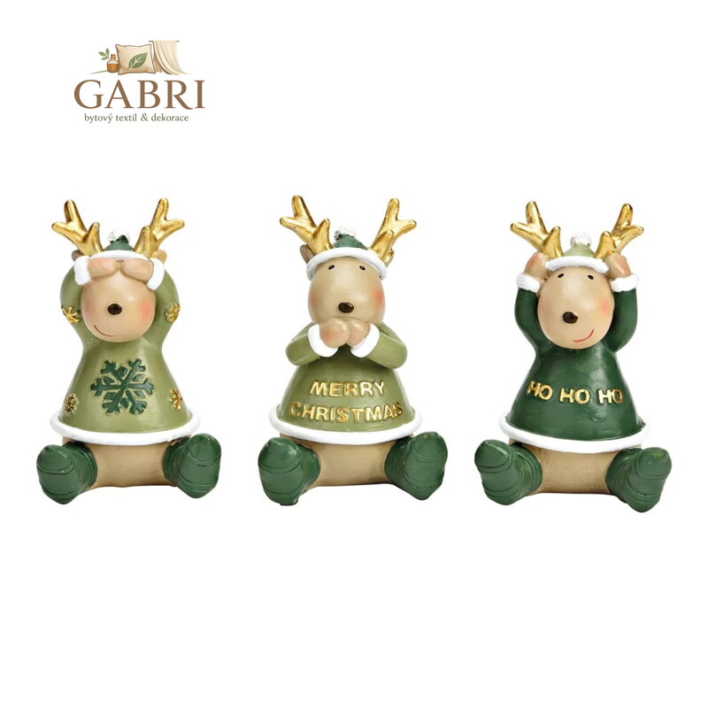 Soška losa sedícího ve vánočním kabátě 8 cm (mix 3 vzorů /cena za 1 ks)