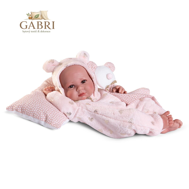 Novorozená panenka Erika v růžovém overalu s šátkem, 42 cm