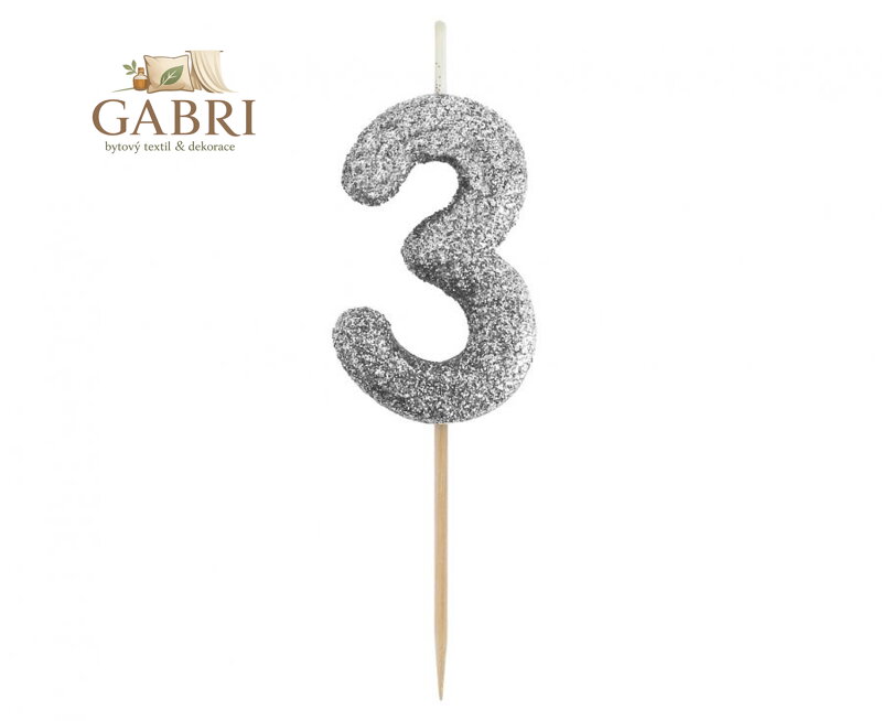 Dortová svíčka B&C - číslo "3" glitter černá 11 cm