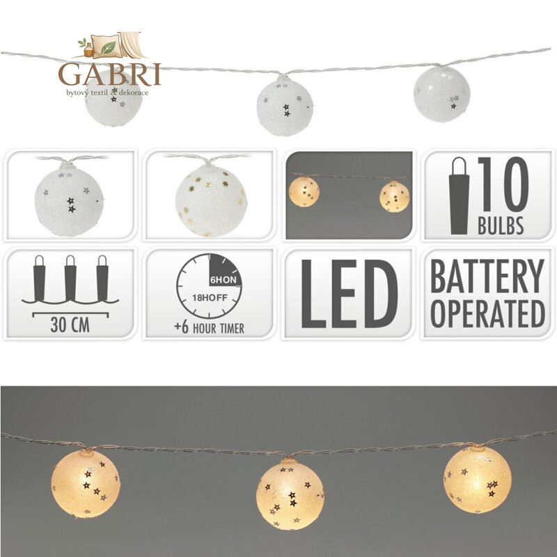 Světelný řetěz 10 LED bílý teplý, lampičky 5 cm, glitrované s hvězdičkama, délka 1,5 m