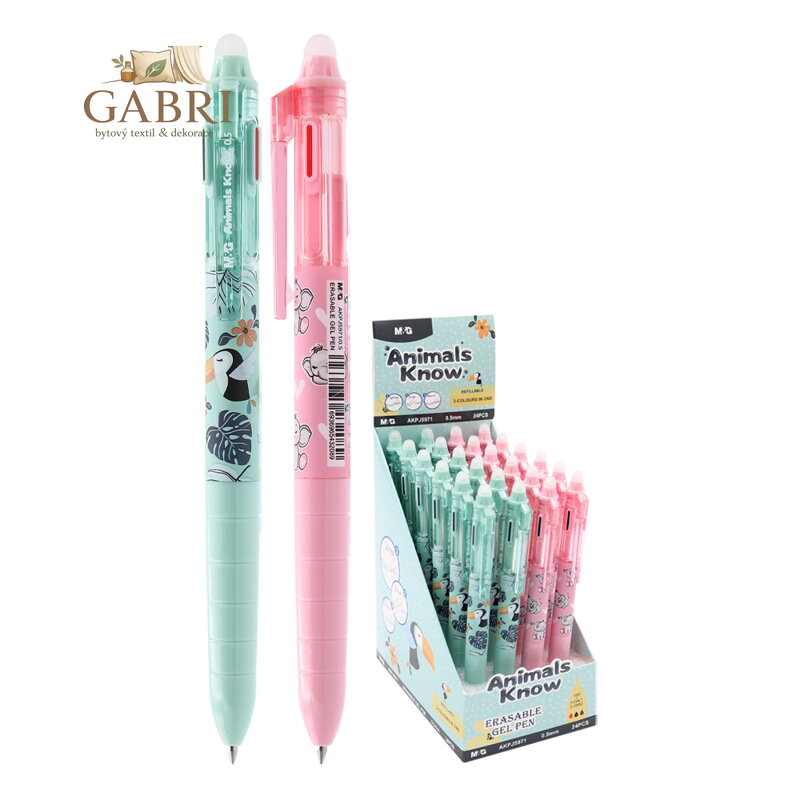 Pero 3-barevné, gelové, gumovací M&G Animal Know - černé/modré/červené 0,5 mm