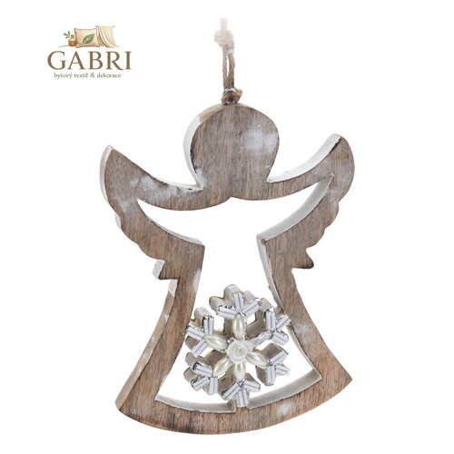 Vánoční ozdoba dřevěná 18 cm - anděl se sněhovou vločkou