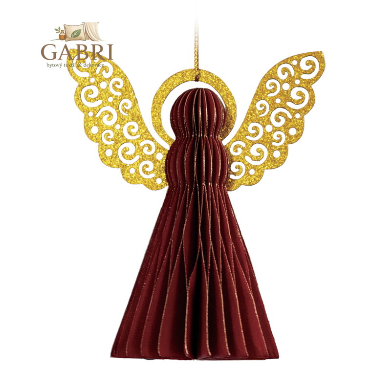 Dekorace Anděl (2 ks), papírová + PET, závěsná, 10 cm, barva bordó/zlatá