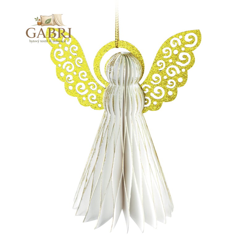 Dekorace Anděl (2 ks), papírová + PET, závěsná, 10 cm, barva bílá/zlatá