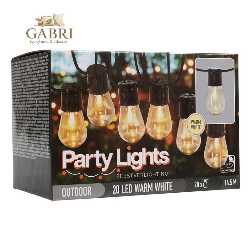 Párty osvětlení - řetěz 20 LED žárovek, teplá bílá, délka 14,5 m