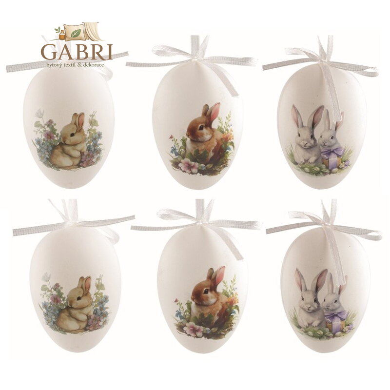 Velikonoční vejce plastová se zajíčky 6 cm na zavěšení, 6 ks v sáčku
