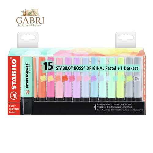 Zvýrazňovač STABILO BOSS ORIGINAL Pastel, 15 ks stolní set s 14 různými barvami