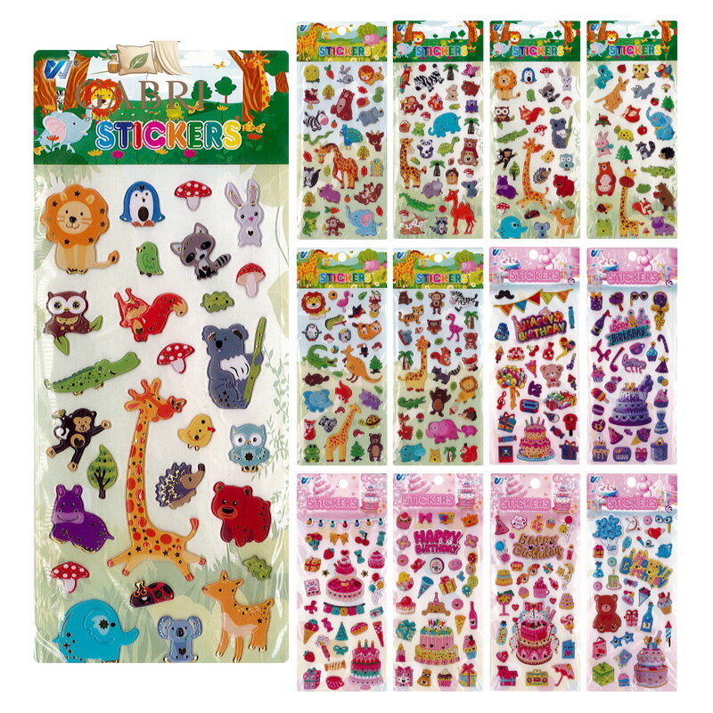 Samolepky pěnové 3D na blistru (mix designů zvířátka, Happy Birthday)