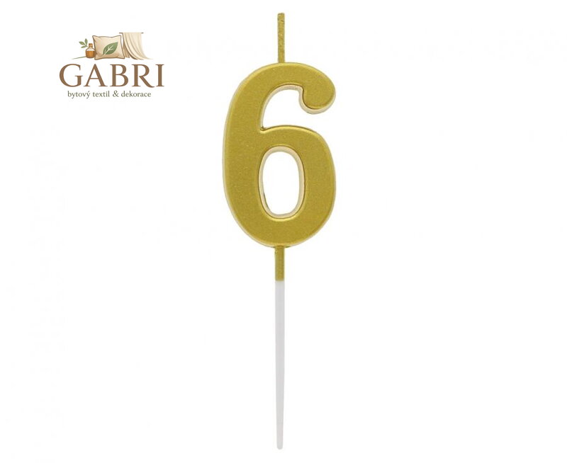 Dortová svíčka B&C - číslo "6" zlatá metalíza 9,5 cm
