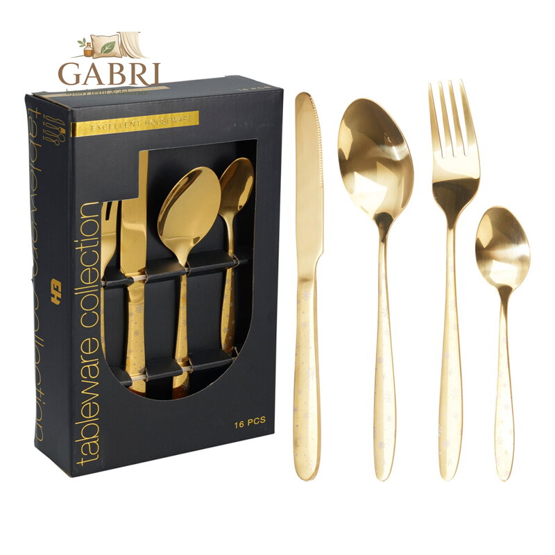 Sada příborů - nerezová ocel/zlatá se sněhem. Sada 16 kusů příborů s motivem sněhové vločk