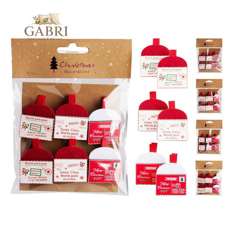 Dekorace - kolíčky dřevěné s vánoční obálkou (mix designů /sada 6ks)