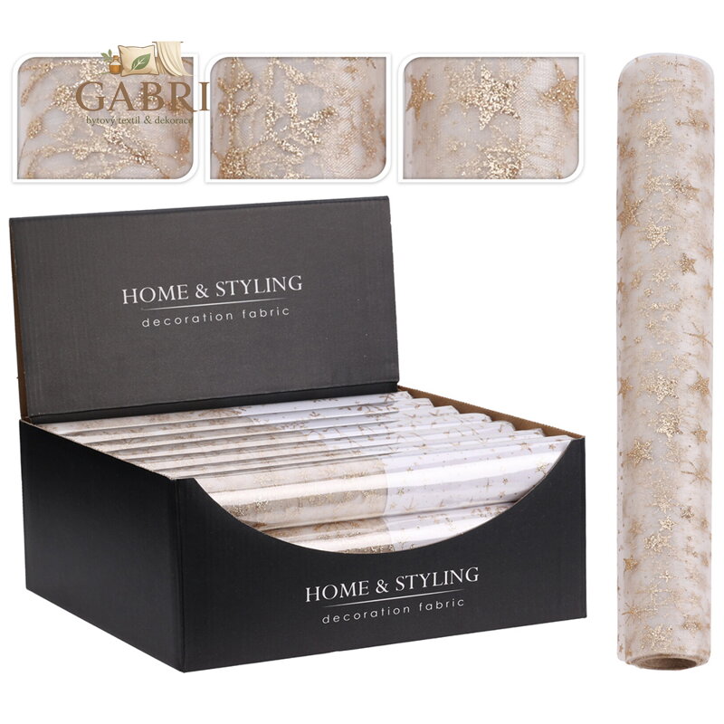 Organza látková 30x500 cm - vzor hvězdy, bobule, sněhové vločky, zlatá šampaň barva