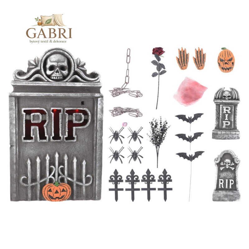 Náhrobní kámen 33x55 cm + halloweenská dekorace s LED světlem (sada)