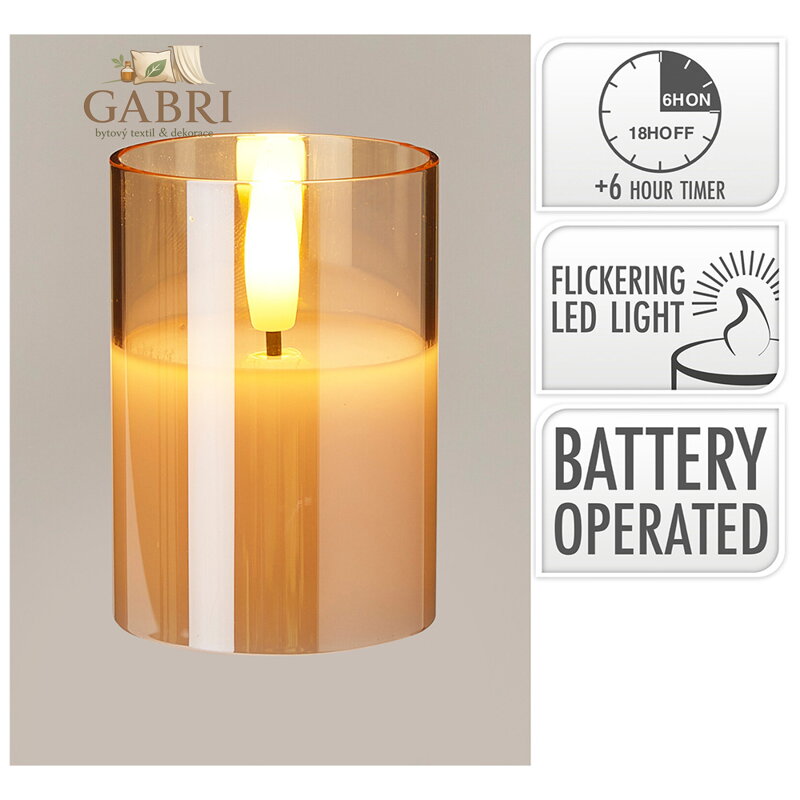 Skleněná LED svíčka s časovačem 7 cm, vosk uvnitř, realistický plamen, jantarová barva