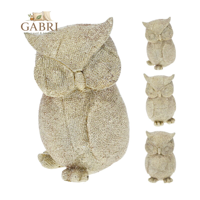 Figurka moudré sovy 12 cm, zlatá třpytivá barva (3 pózy v sedě)