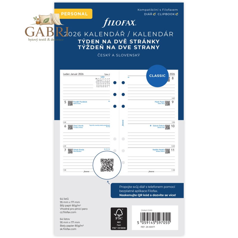 Kalendář 2026 Filofax osobní A5 týden /2 strany /ČJ+SJ /linkový