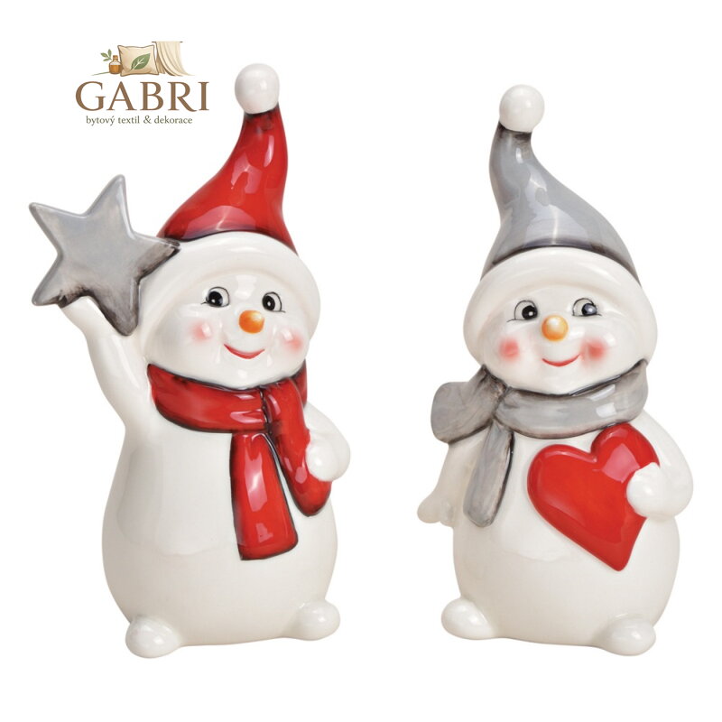Soška sněhuláka s hvězdou / srdcem 18 cm, keramika (mix 2 designů /cena za 1 ks)