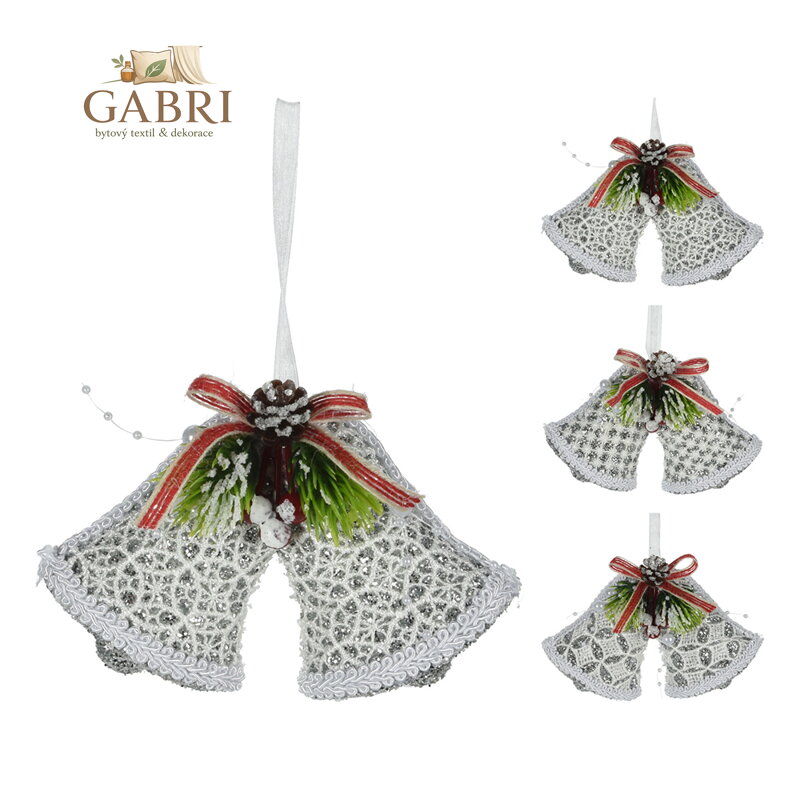 Vánoční zvonky 14 cm krajkové se stuhou, stříbrné třpytky, mix /1ks