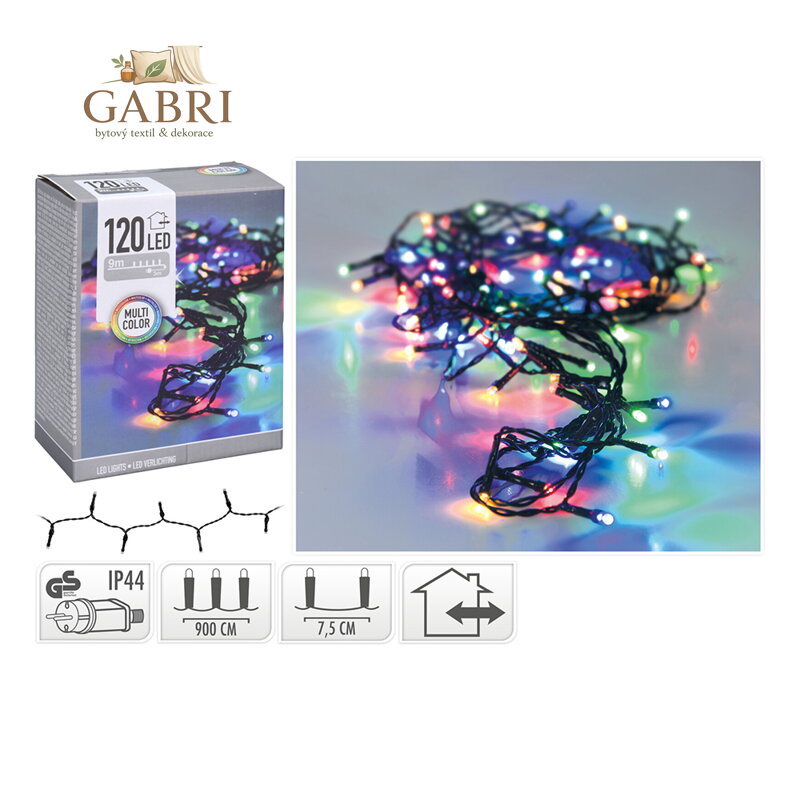 Světelný řetěz 120 LED barevných, délka 9 m, 230V (venkovní použití)