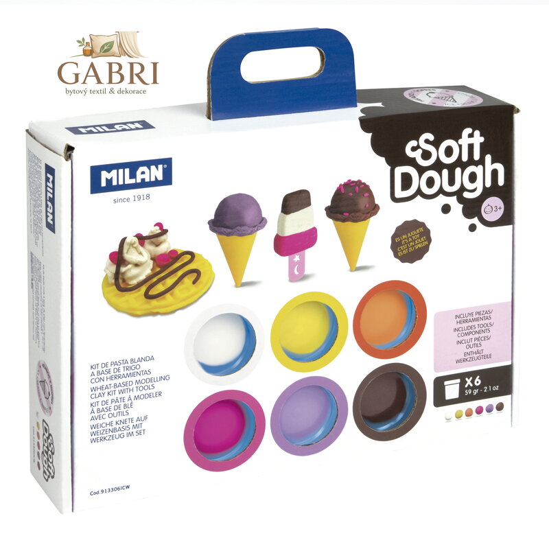 Plastelína MILAN Soft Dough sada 6 barev + nástroje "Ice creams & Waffles"