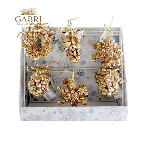 Dekorace závěsná - Různé druhy ve stojanu, zlaté 9-11 cm, set 16ks