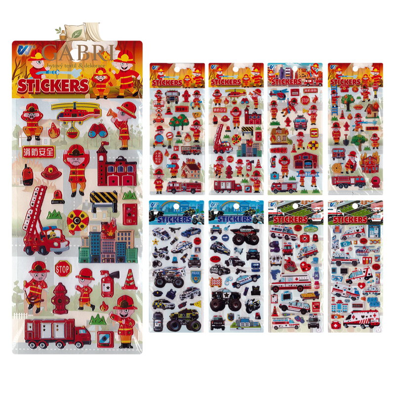 Samolepky pěnové 3D na blistru (mix designů hasiči, policisté, sanitka)