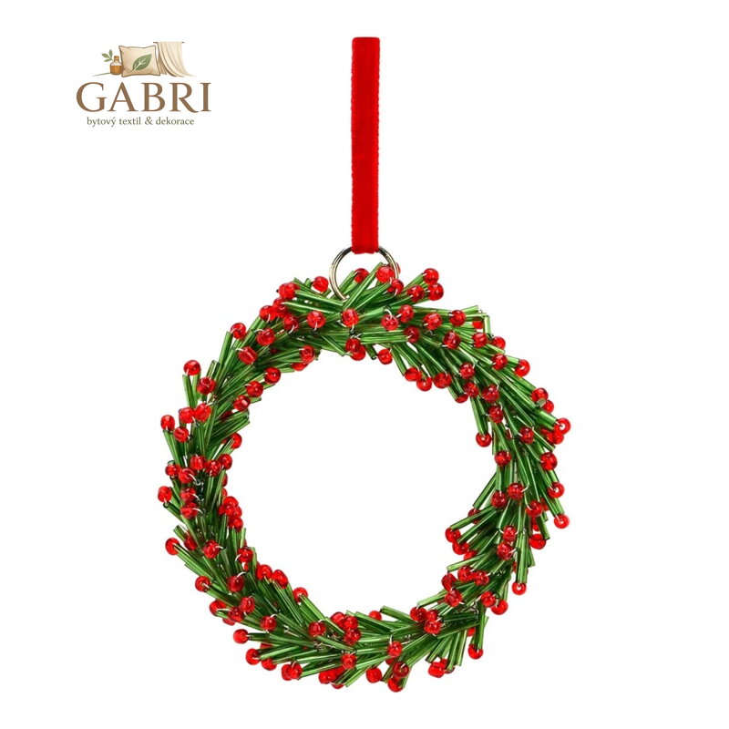Skleněný vánoční věnec 9 cm na zavěšení, zeleno-červený kruh