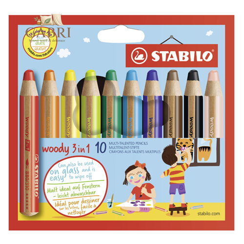 Pastelky STABILO woody 3 v 1 - barvička, vodovka, voskovka - 10 ks různých barev