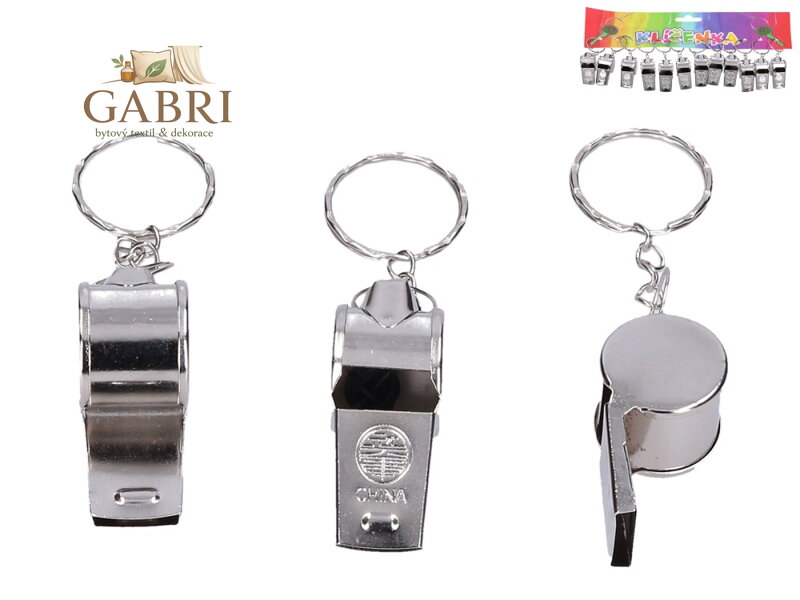 Píšťalka přívěsek na klíče 4,5cm kov 12ks na kartě