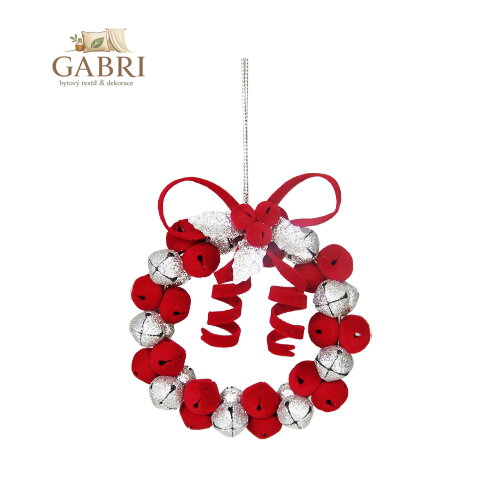 Dekorace závěsná - červeno / stříbrný kruh z rolniček 9 cm, 1ks