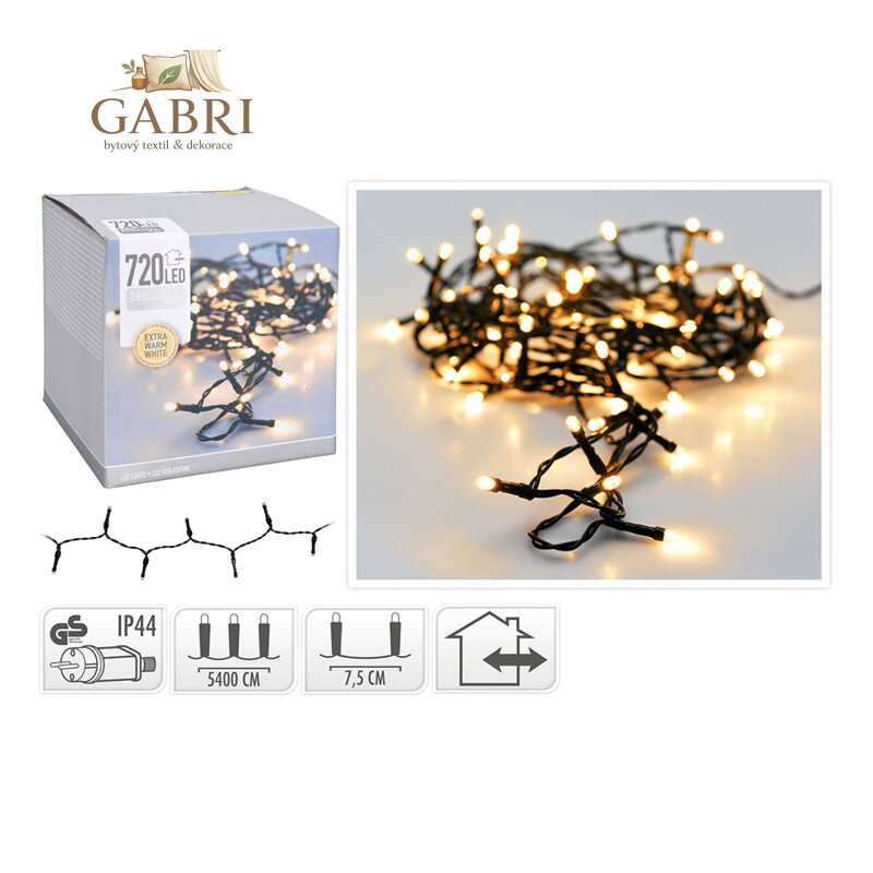 Světelná řetěz 720 LED extra bílá teplá, délka 54 m, 230V (venk. použití)