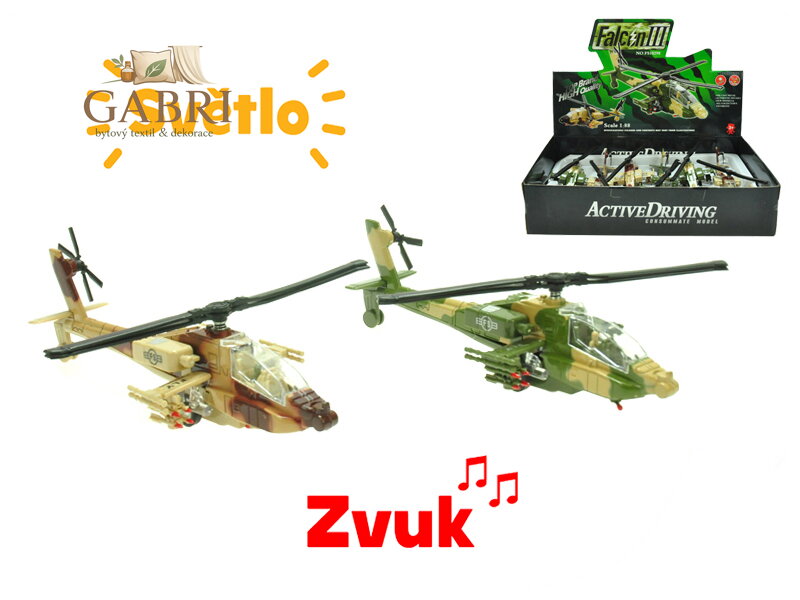 Mission Control helikoptéra vojenská 20cm kov zpětný chod na baterie+světlo a zvuk 2barvy