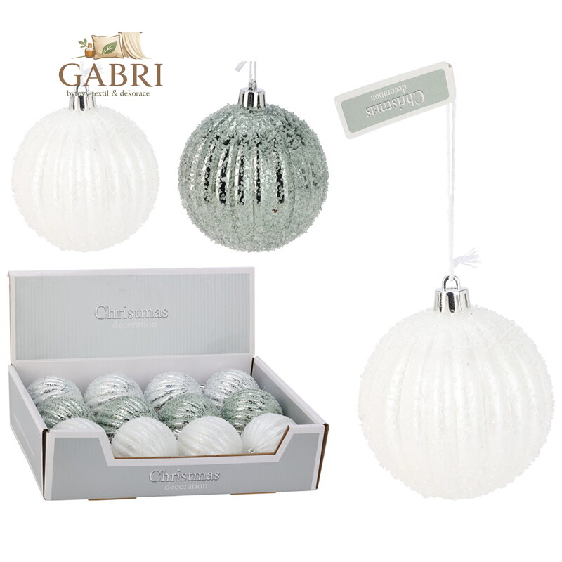 Vánoční koule 80 mm třpytivá, zdobená sněhem (mix 3 barev, cena /1 ks)