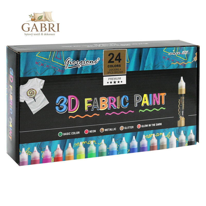 3D barvy na textil 30 ml / 24 barev + 3 štětce