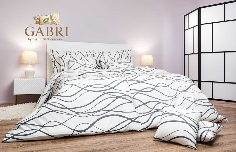 Povlečení krep Vlny tmavě šedé na bílém 240x200, 2x70x90 cm II.jakost