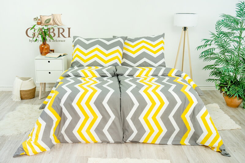 Ložní povlečení bavlněné Stanex cikcak žlutý (LS192), 140 x 220 + 90 x 70, Knoflíkové