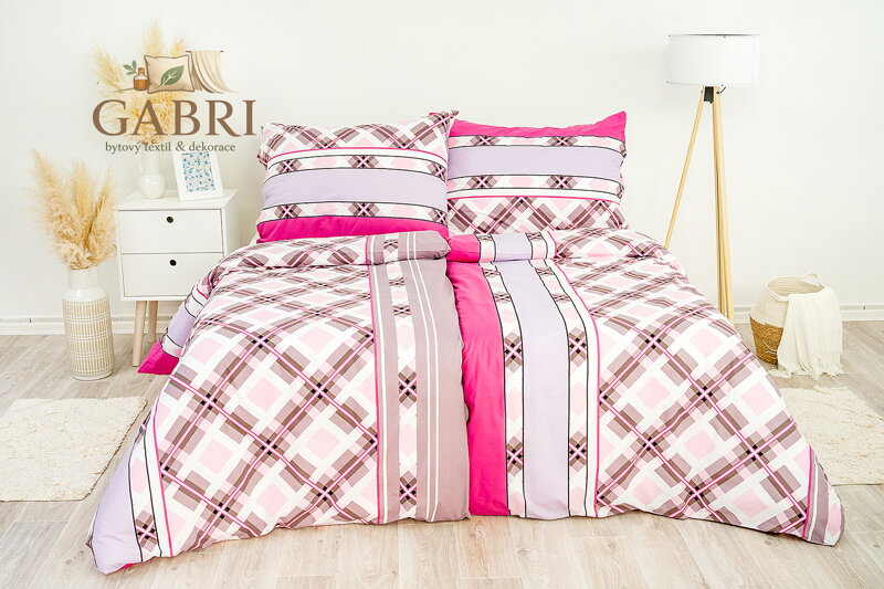 Ložní povlečení bavlněné Stanex kostka růžová (LS216), 140 x 220 + 90 x 70, Knoflíkové
