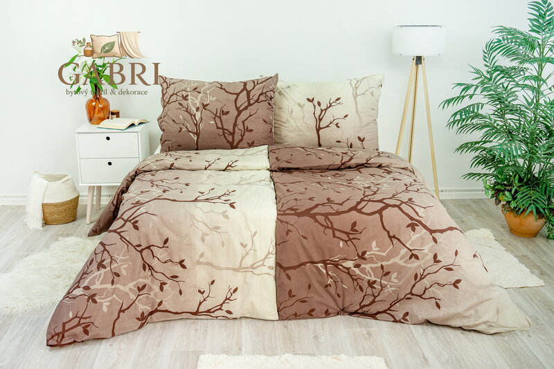 Ložní povlečení bavlněné Stanex větvičky hnědé (LS232), 140 x 220 + 90 x 70, Knoflíkové