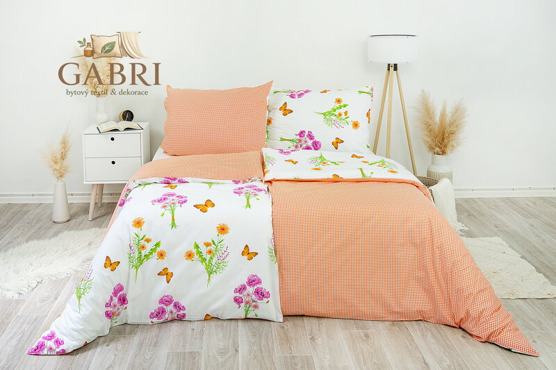 Ložní povlečení bavlněné Stanex jaro oranžové (LS245), 140 x 220 + 90 x 70, Knoflíkové