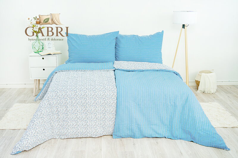Ložní povlečení krepové Stanex kvítek-pruh modrý (LS194), 140 x 220 + 90 x 70, Zip