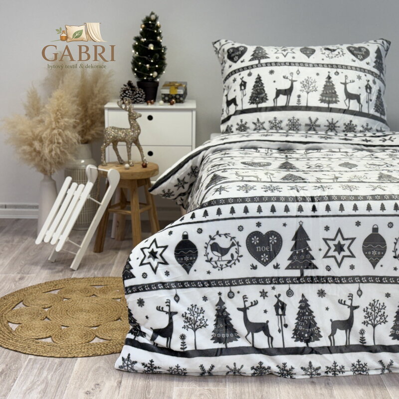 Ložní povlečení mikroflanel vánoce šedobílé, 140 x 200 + 90 x 70, Zip