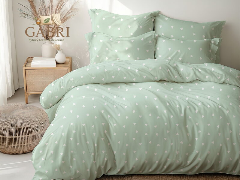 Ložní povlečení krepové Stanex Srdíčka mint (LS434), 140 x 200 + 90 x 70, Knoflíkové