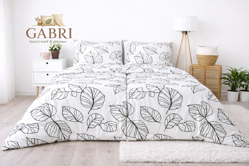 Ložní povlečení bavlněné Stanex Listy černo-bílé (LS144),  140 x 200 + 90 x 70, Zip