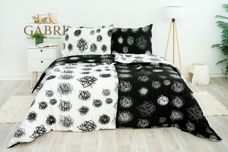 Ložní povlečení krepové Stanex orbit černo-bílý (LS88), 140 x 200 + 90 x 70, Knoflíkové