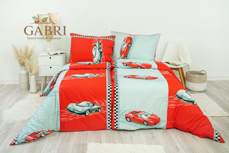 Ložní povlečení bavlněné Stanex auta červená (LS121), 140 x 200 + 90 x 70, Knoflíkové
