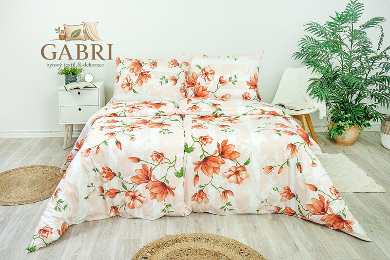 Ložní povlečení bavlněné Stanex lilie lososové (LS227), 140 x 200 + 90 x 70, Knoflíkové