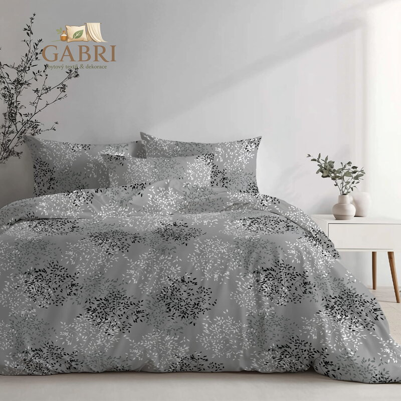 Ložní povlečení bavlněné Stanex větvičky šedé (LS391), 140 x 200 + 90 x 70, Knoflíkové
