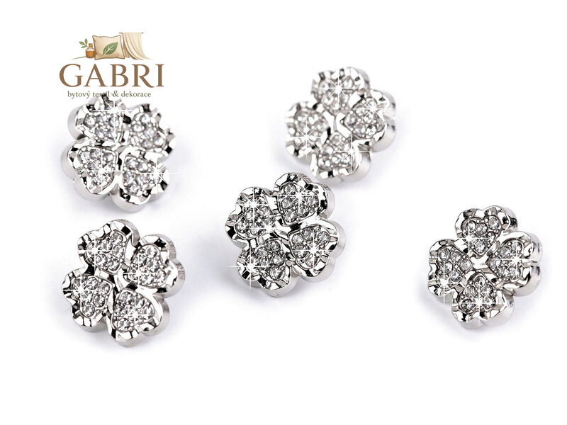 Kovový knoflík čtyřlístek s kamínky velikost 20"