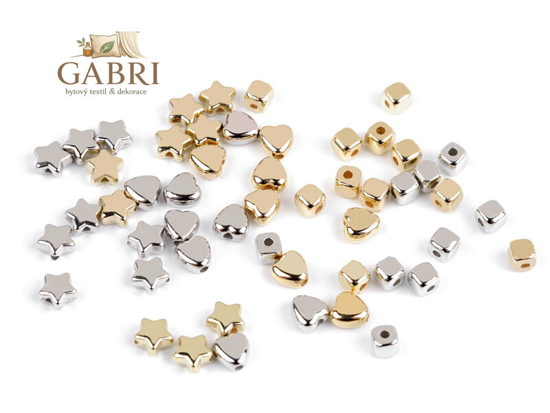 Plastové korálky mini hvězdičky, srdíčka, kostky metalické