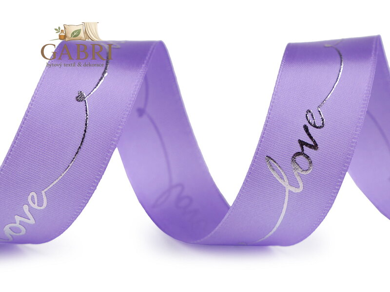 Saténová stuha s metalickým potiskem Love šíře 26 mm